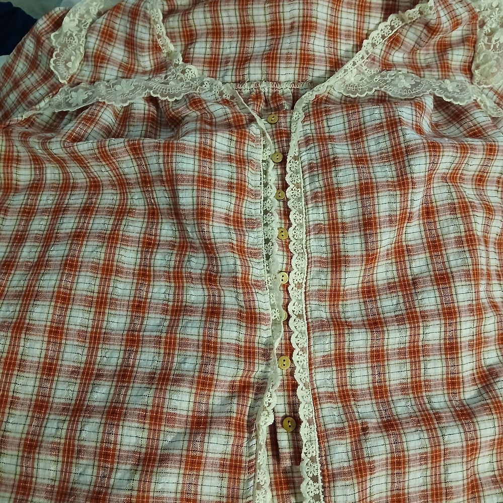 Plaid Button-Up Top with Lace Trim